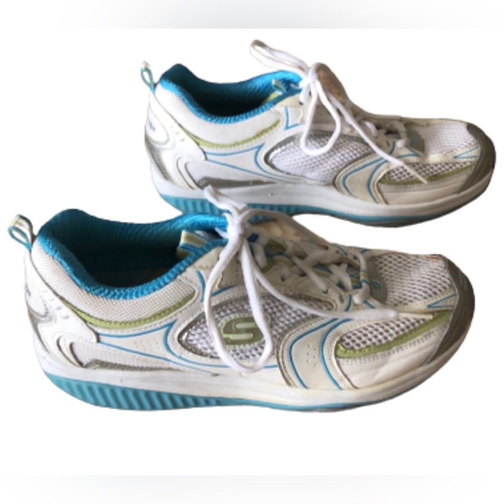 SKECHERS SHAPE-UPS SNEAKERS • WHITE W TURQUOISE & LIME GREEN ACCENTS • Sz 7.5